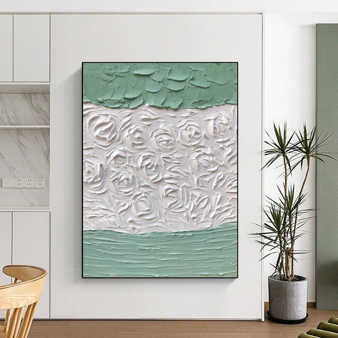 Textured White Roses on Green - Impasto Floral Painting On Canvas DKH1269