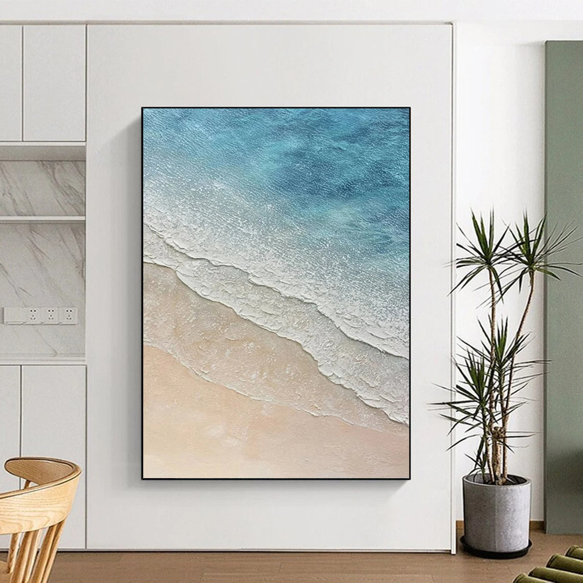 “Blue, White, Beige Coastal Waves ‘Seaside Serenity’” - Realistic Textured Landscape Painting On Canvas DTP314