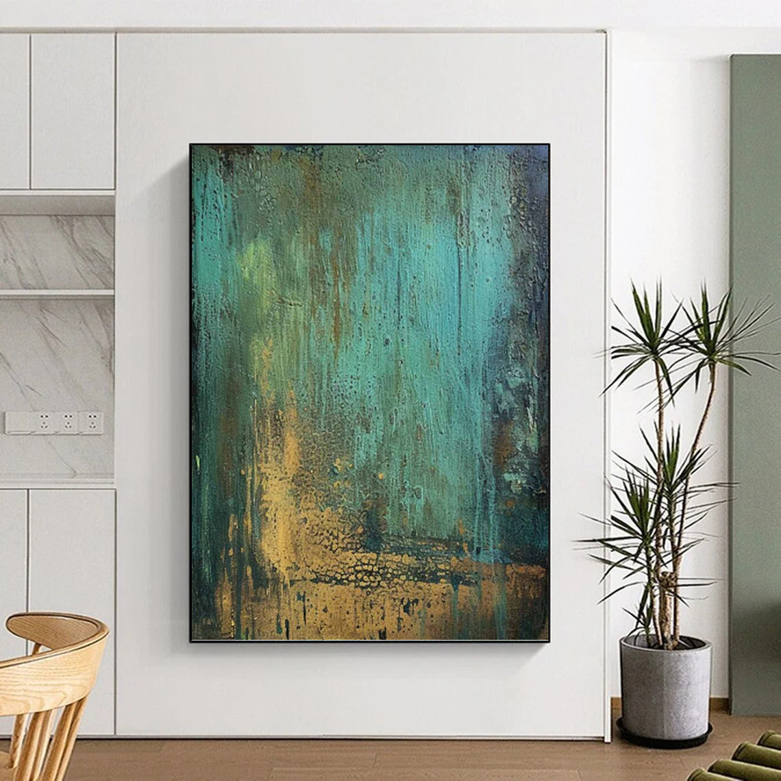 “Teal & Gold Rustic Textures” - Teal, Green, Brown & Gold Abstract Textured Painting On Canvas DKH1194