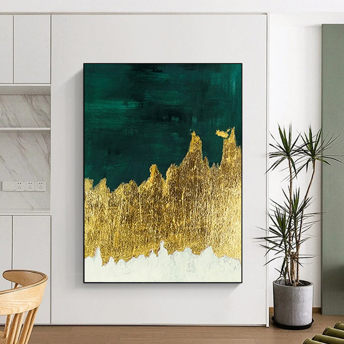 Green, Gold, and White Abstract Landscape - Abstract Painting On Canvas DKH1335