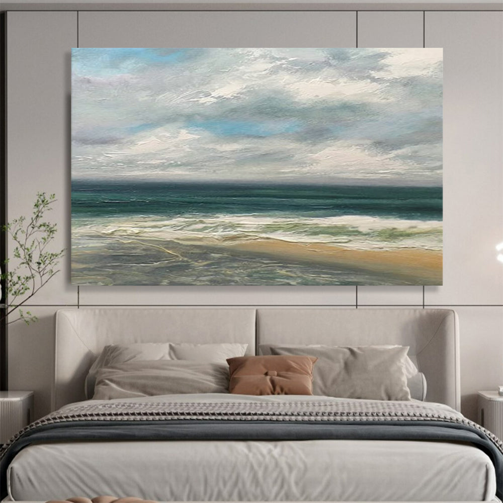 “Blue, Green, Cloudy Seaside ‘Serene Coastal Day’” - Impressionist Seascape Painting On Canvas DLZ021