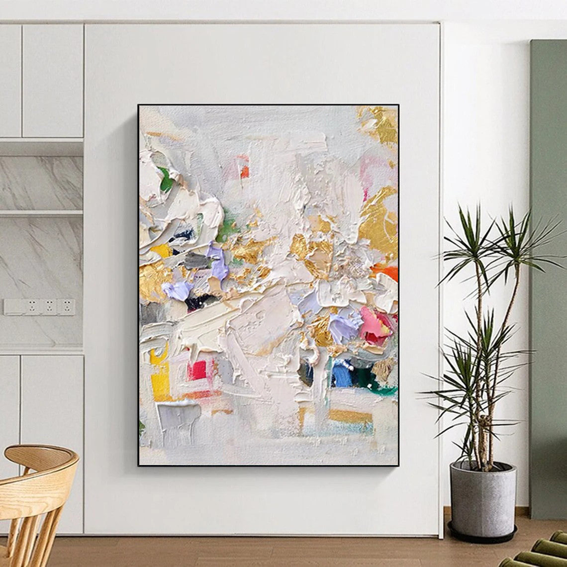 “Colorful Impasto Collage” - White, Gold, Purple, Pink & Yellow Vibrant Textured Painting On Canvas DKH1027