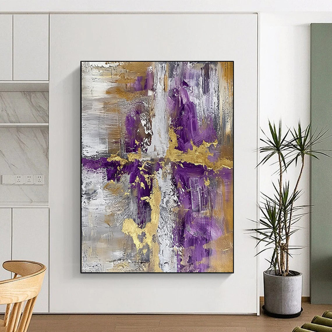 “Purple - Gold Geometric Abstraction” - Modernist Abstract Painting On Canvas DTP135