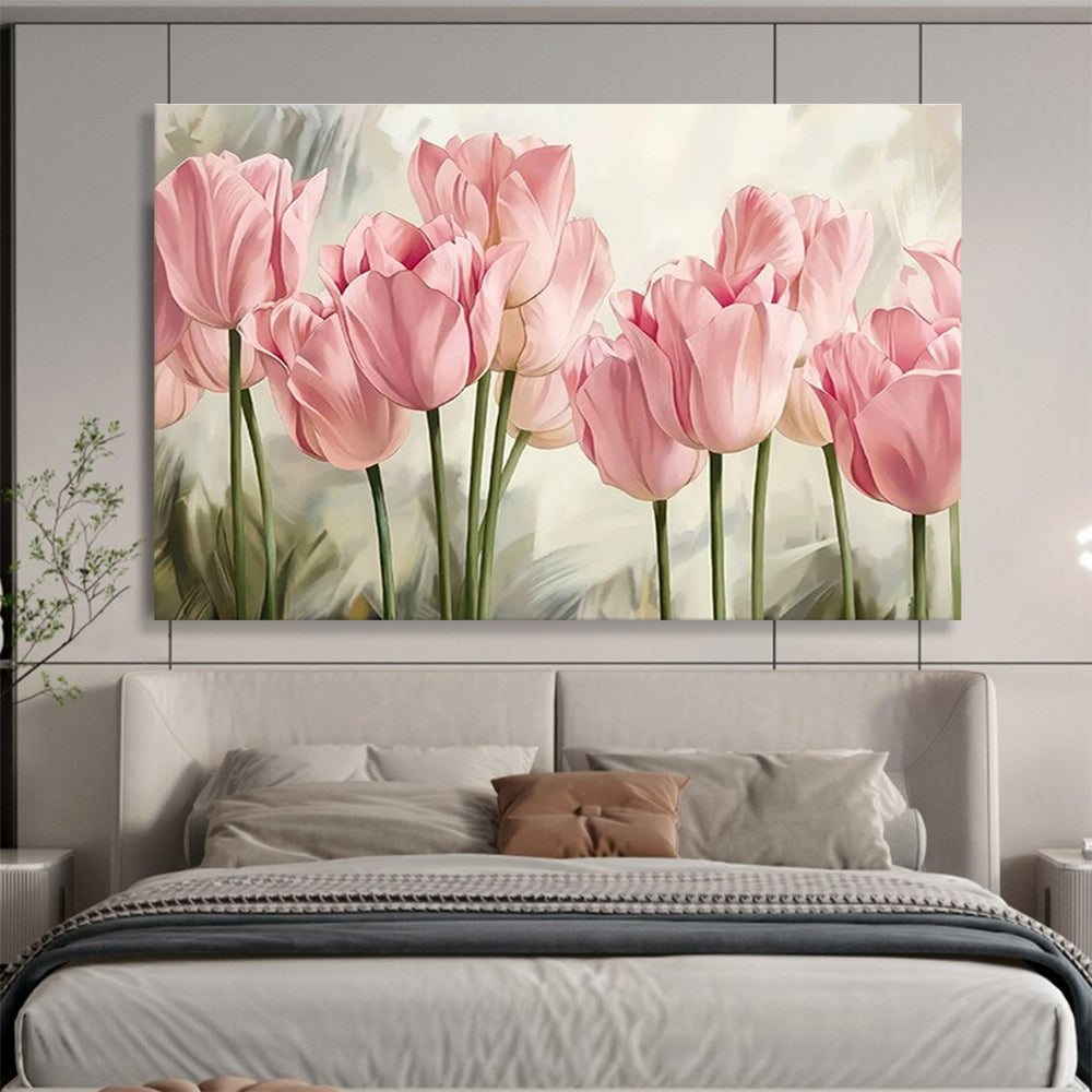 Realistic Pink Tulips - Pink & Green Floral Painting On Canvas DKH898