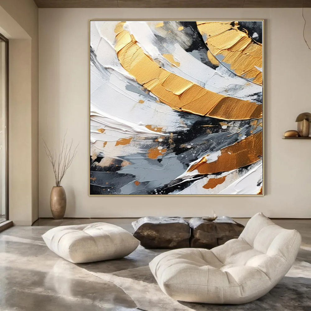 Black - White Gold Swirl - Abstract Impasto Oil Painting CT1243