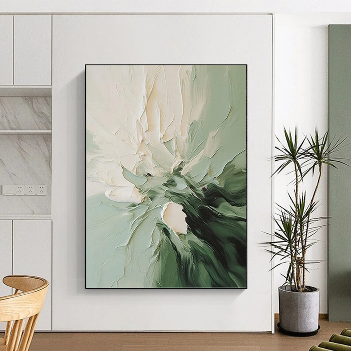 “Green & White Floral Impasto” - Green & White Textured Flower Painting On Canvas DKH1185