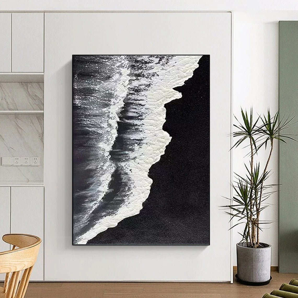 “Black - White Wave Detail” - Black & White Textured Seascape Painting On Canvas DKH0962