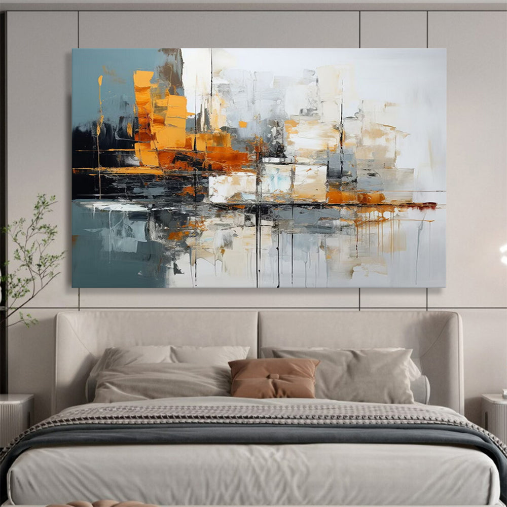 “Gray, Orange, White Urban ‘Cityscape Rhythm’” - Abstract Cityscape Painting On Canvas DLZ002