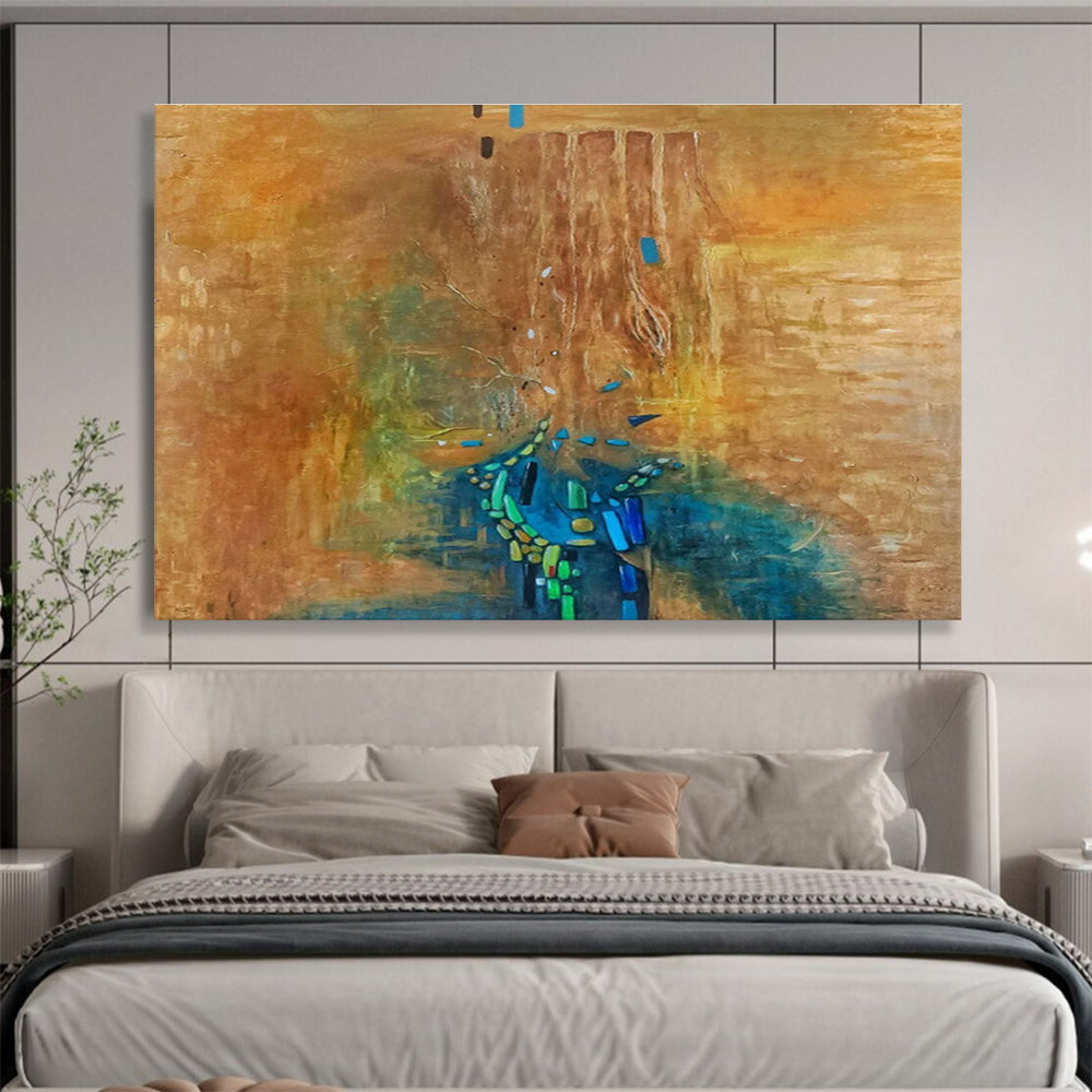 “Brown, Blue & Green Abstract Cascade” Abstract Surrealist Painting On Canvas DKH388