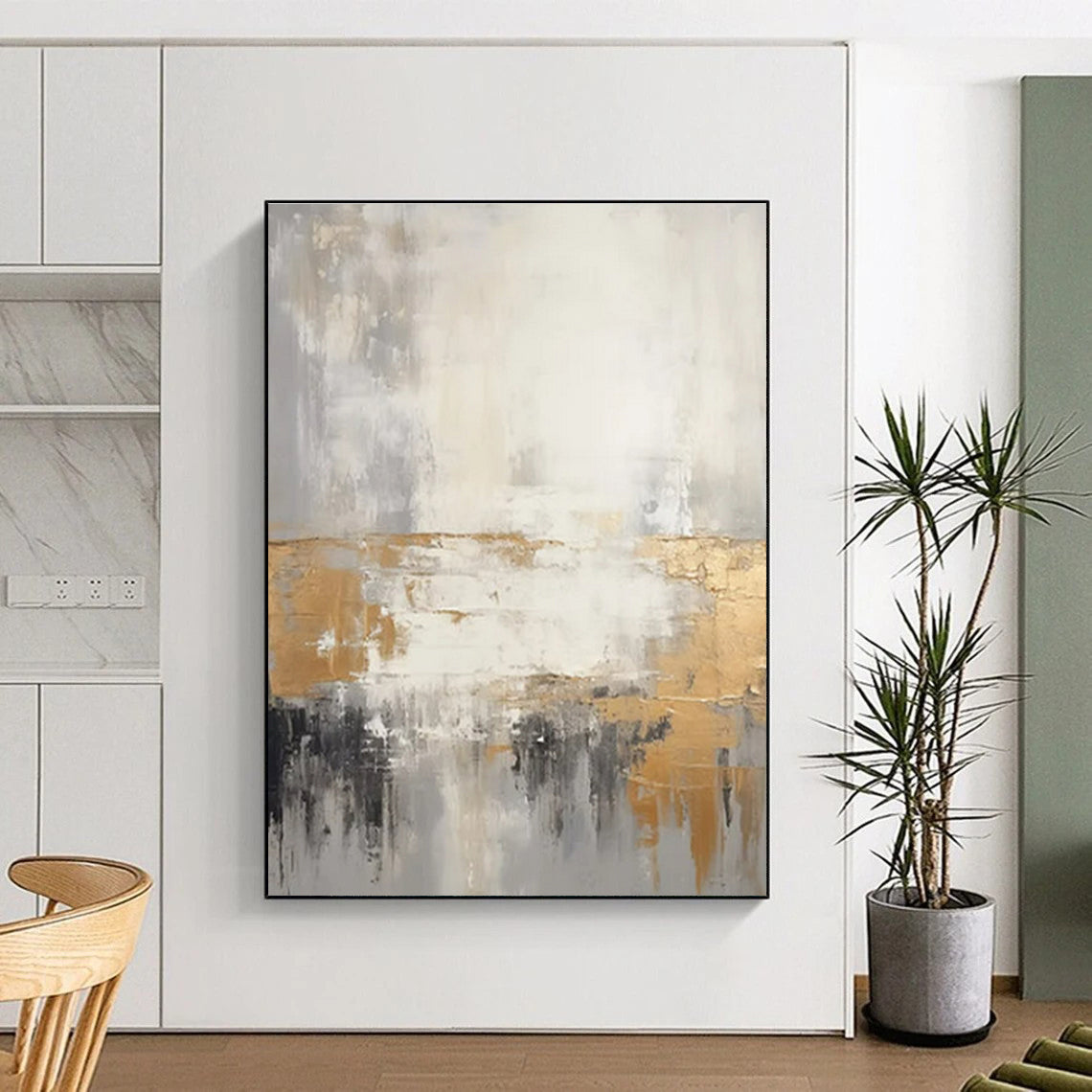 “Gray - White - Gold Abstract Horizon” ,Abstract Acrylic Painting CT0855