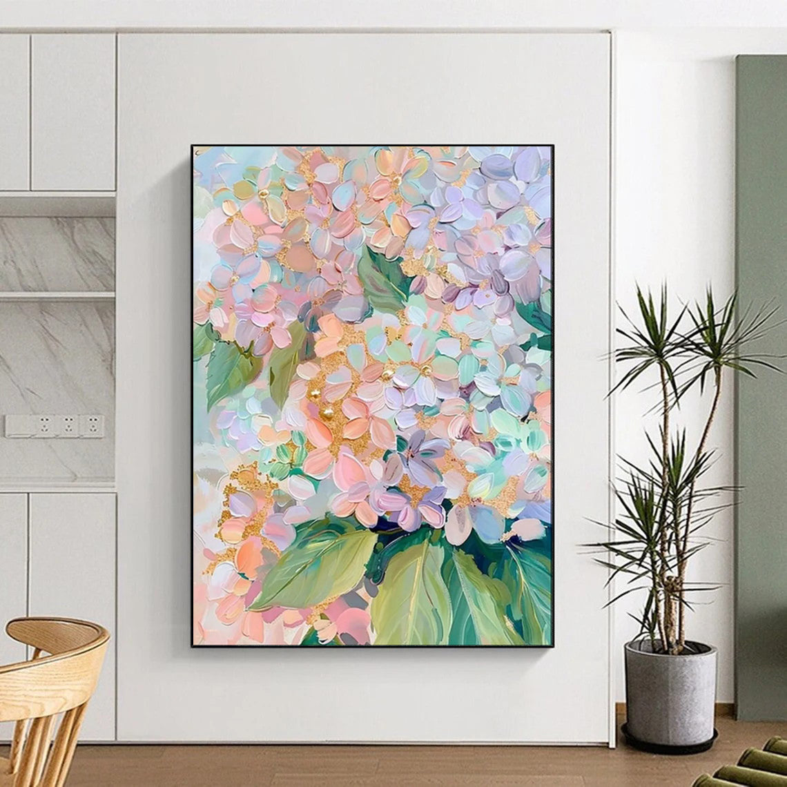 “Pastel Hydrangeas with Gold” – Impasto Floral Painting On Canvas CT2111