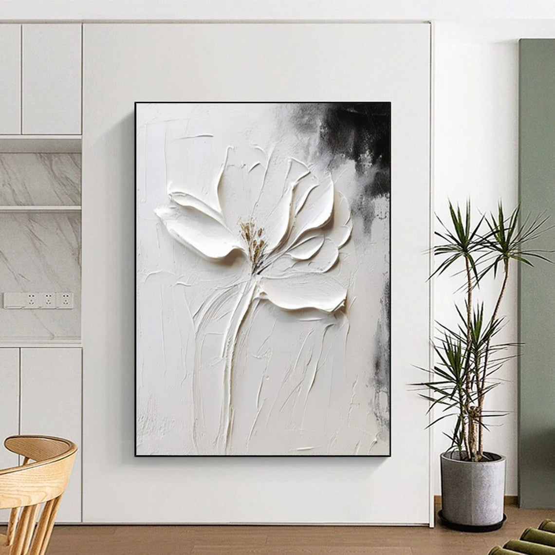 “Sculpted White Flower” - Black & White Floral Painting On Canvas CT2217