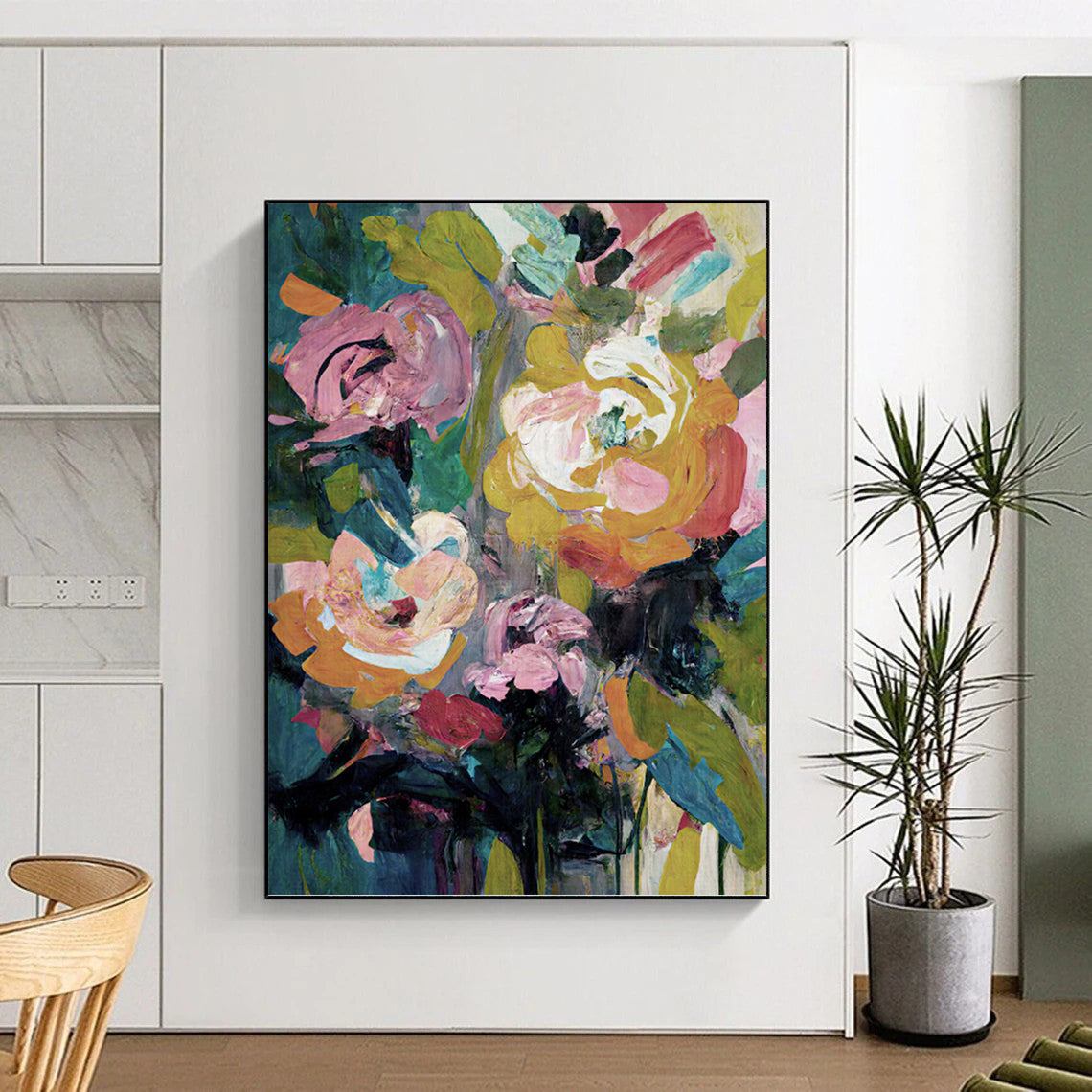 Colorful Floral Bouquet in Green Vase - Bold Flower Painting On Canvas DKH1355