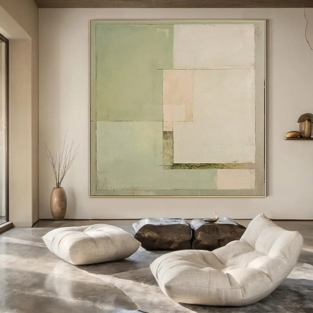 Pale Greens, Whites & Browns, Minimalist Geometry - "Quiet Harmony" - Abstract Acrylic Painting CT1443