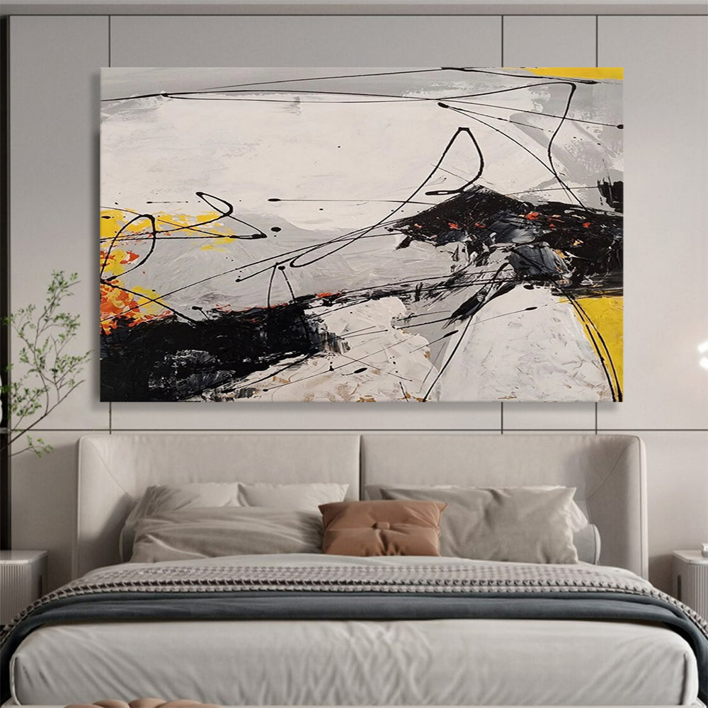 “Black, White, Yellow Gestural ‘Dynamic Dissonance’” - Abstract Gestural Painting On Canvas DLZ030