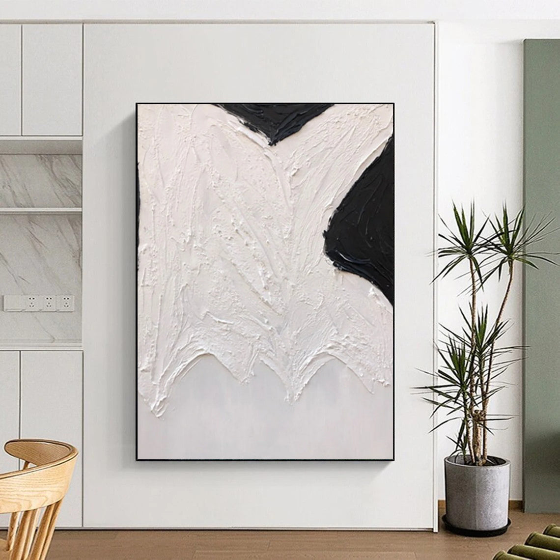 “Black, White Textured Shapes ‘Abstract Wings’” - Impasto Abstract Painting On Canvas DTP405
