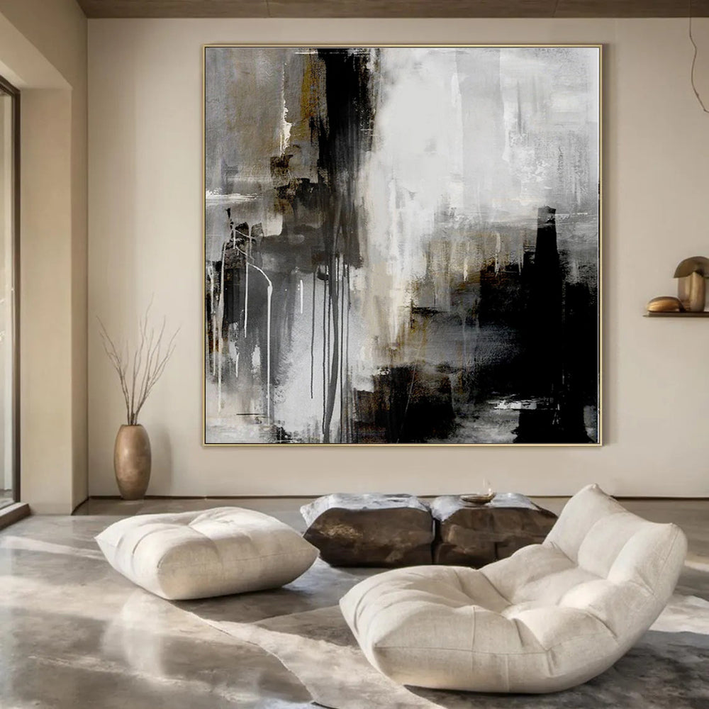 “Gray, Black, Gold Abstract Drips” – Abstract Expressionist Painting CT1130