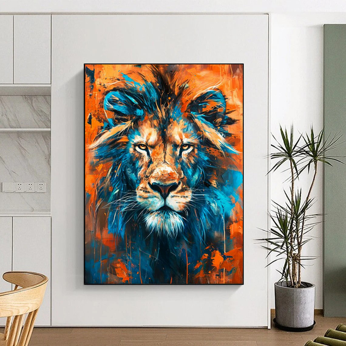 “Vibrant Lion Portrait” - Blue, Orange Dynamic Animal Painting On Canvas CT2212