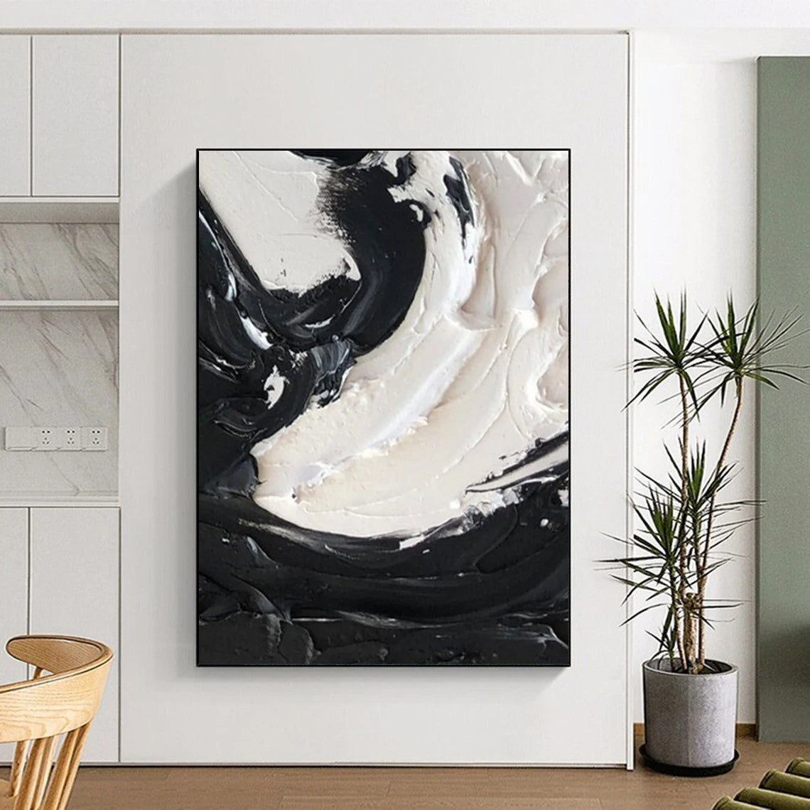“Black, White Swirl ‘Powerful Balance’” - Impasto Abstract Painting On Canvas DTP385