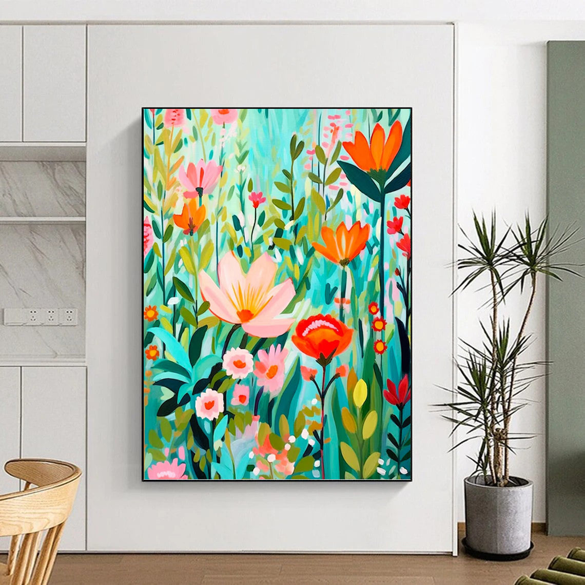 “Flat - Style Floral Field” - Colorful Flat - Design Floral Field Painting On Canvas DKH1595