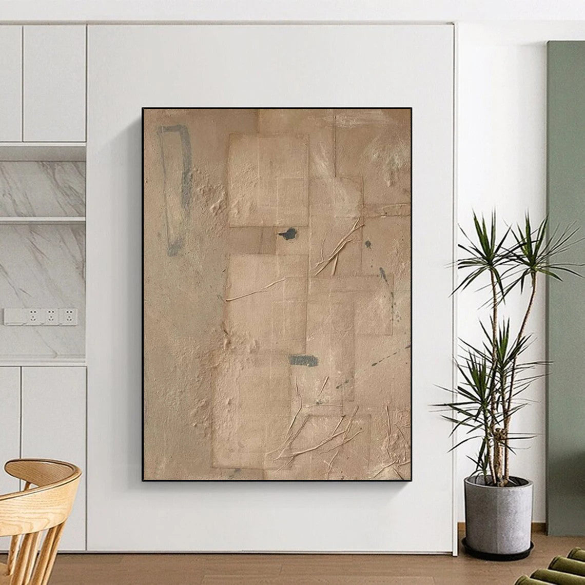 “Beige, Gray Textured Collage ‘Earthly Layers’” - Mixed - Media Abstract Painting On Canvas DTP336