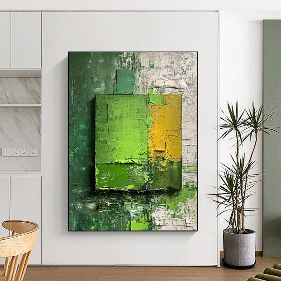“Green - Yellow Layered Squares” - Impasto Abstract Painting On Canvas DTP030