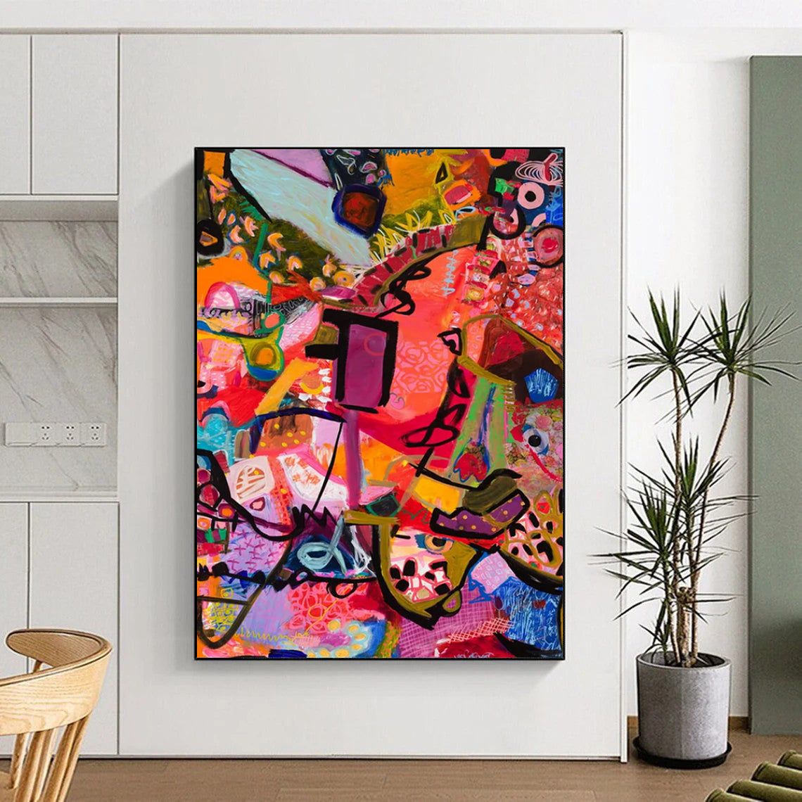 “Pink - Purple Abstract Fusion” - Pink, Purple, Orange Energetic Forms Painting On Canvas DTP295
