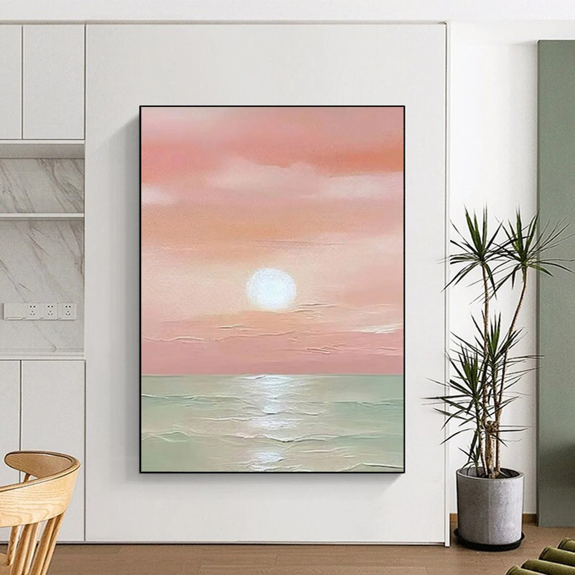 “Pink Sunset Sea” - Pink & Green Seascape Painting On Canvas CT2231