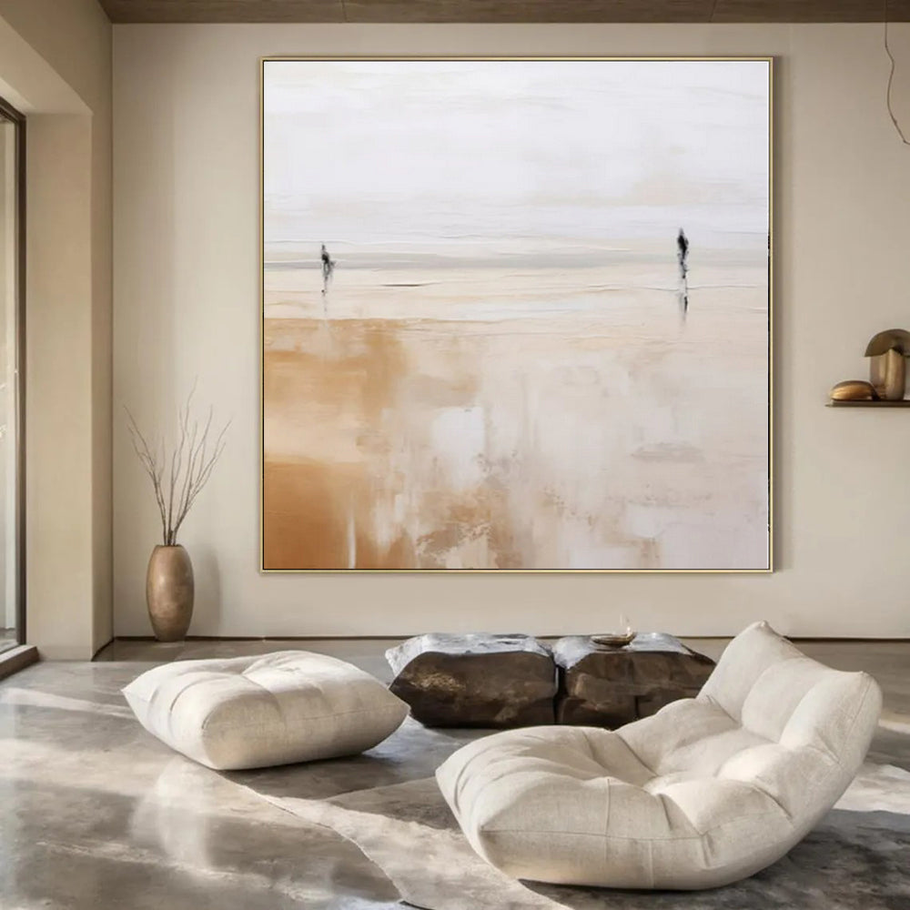 Two Figures on Beige Horizon - Minimalist Abstract Oil On Canvas CT1313