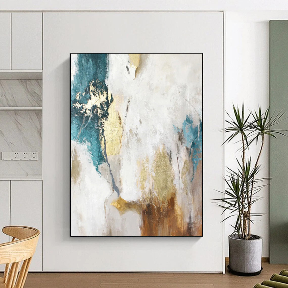 “Turquoise, Gold & White Abstract” - Turquoise, Gold & White Tropical - Inspired Painting On Canvas DKH1014