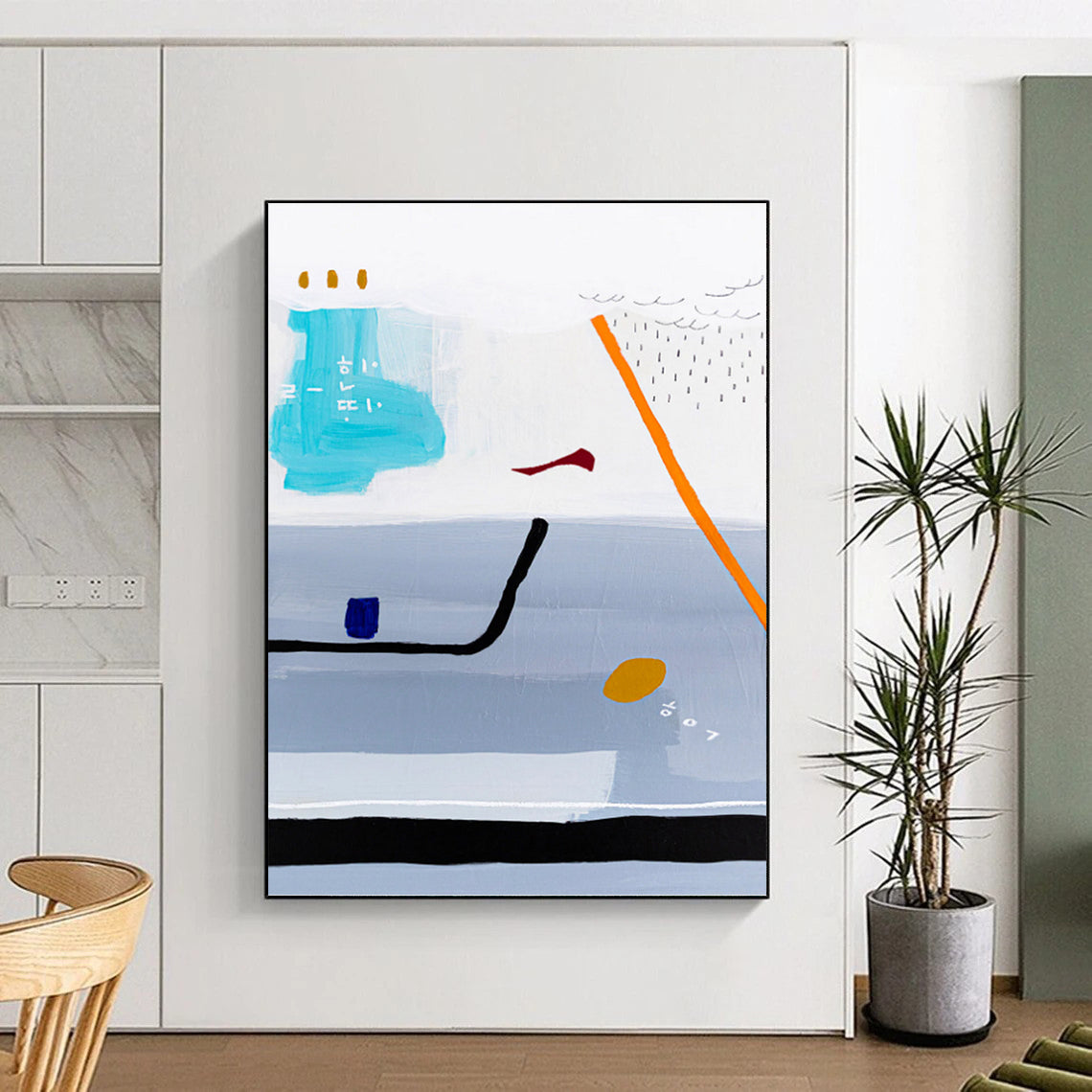 “Light Blue and Gray Abstract with Orange and Red Details” - Playful Abstract Painting On Canvas DKH1098