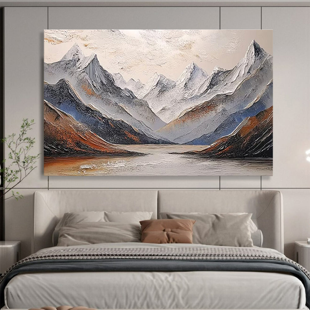 “Textured Snowy Mountain Lake” Impasto Landscape Painting On Canvas DKH456