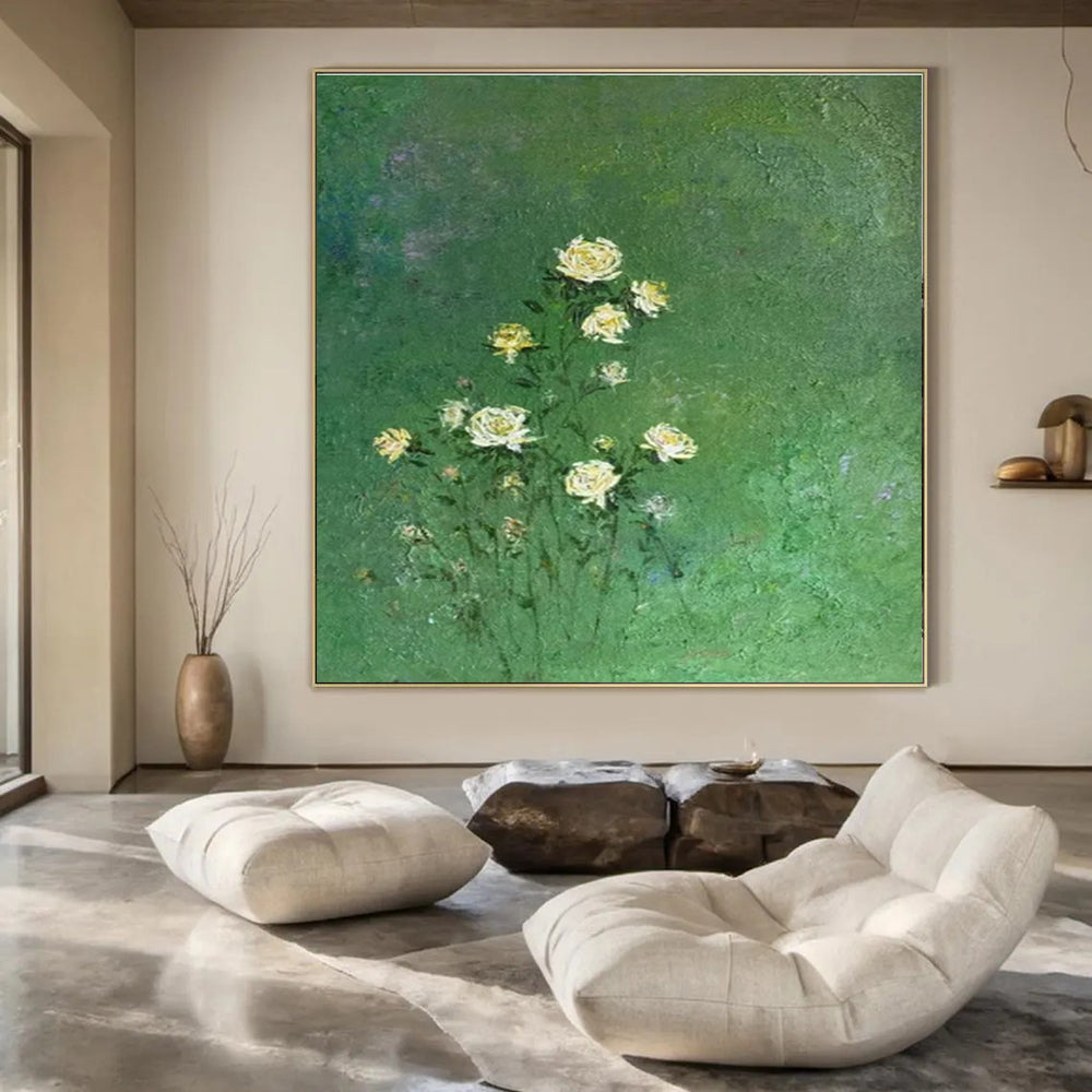 Green Background, White Flowers - "Whispering Blooms" - Impressionistic Oil Painting CT1453