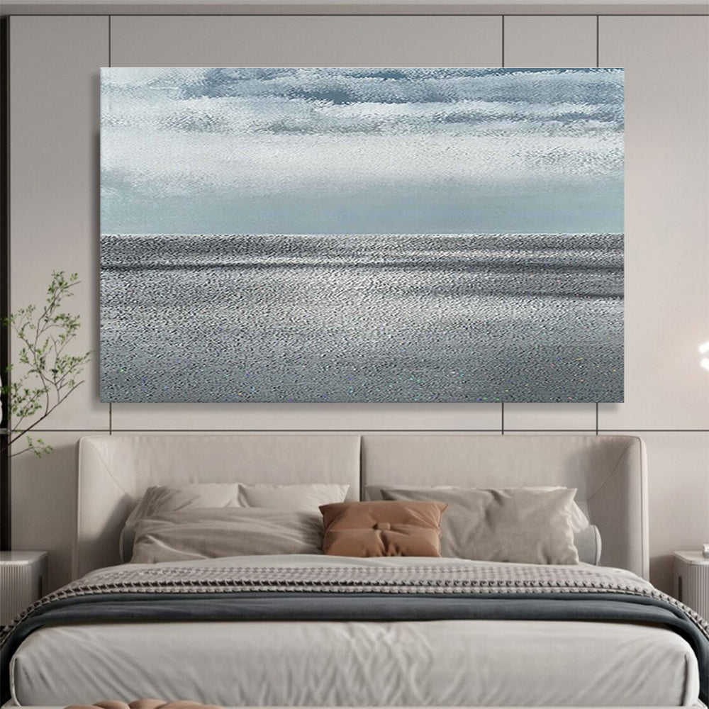“Monochrome Sea & Sky” - Gray, White Minimalist Seascape Painting On Canvas DKH749