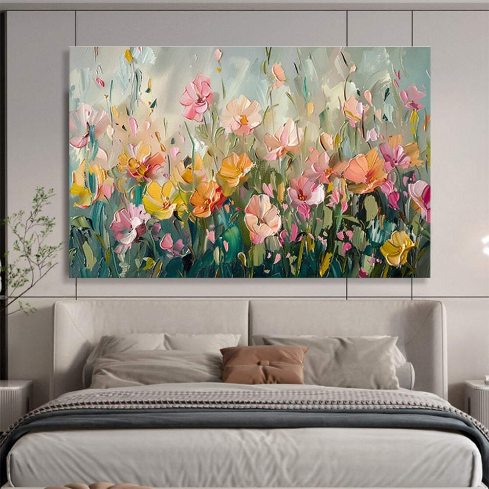 “Pastel Flower Field” - Soft - Hued, Textured Floral Impressionistic Painting On Canvas DKH709