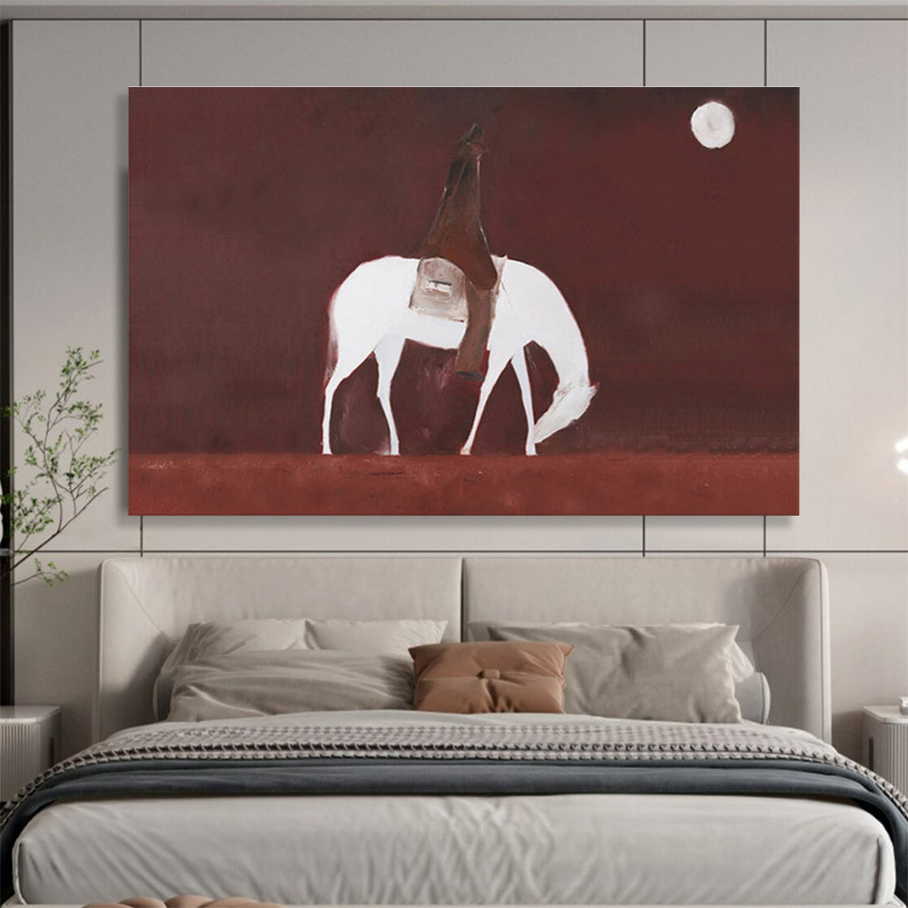 “Moonlit Rider in Rust” - White, Brown, Red Minimalist Figure Painting On Canvas DKH732