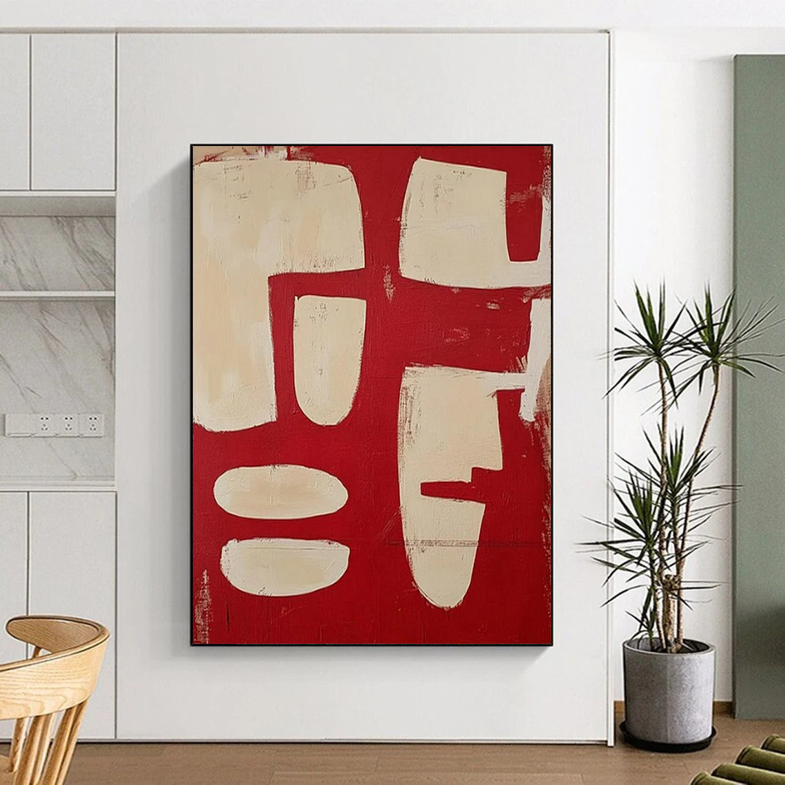 “Red & Beige Geometric Abstract” - Abstract Painting CT2367