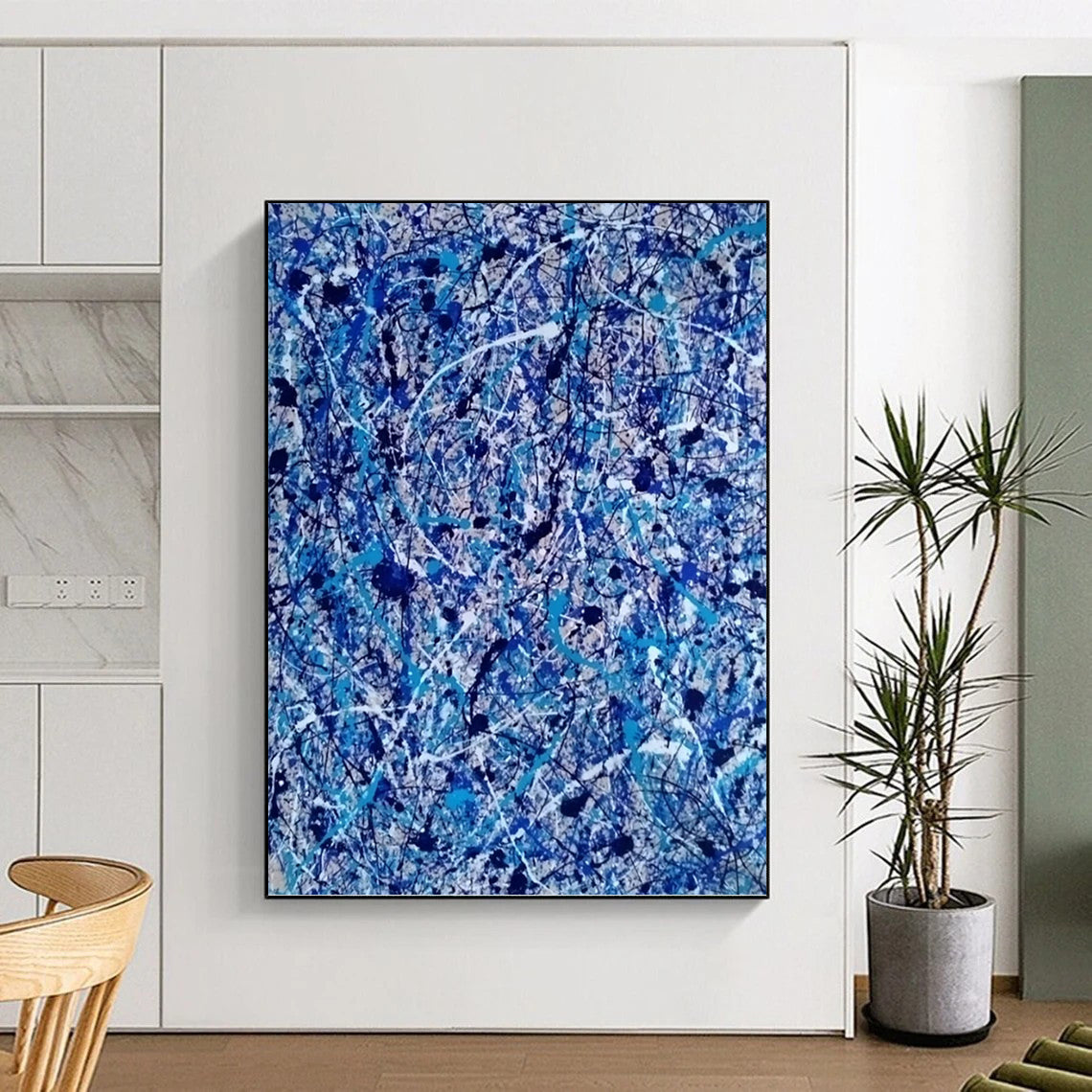 “Chaotic Blue Web” - Blue, White, and Black Abstract Drip Painting On Canvas DKH1560