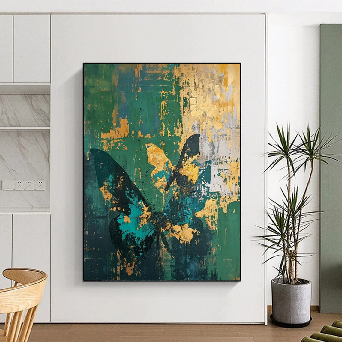 Green & Gold Butterfly Abstract - Nature - Inspired Abstract Painting On Canvas CT2287