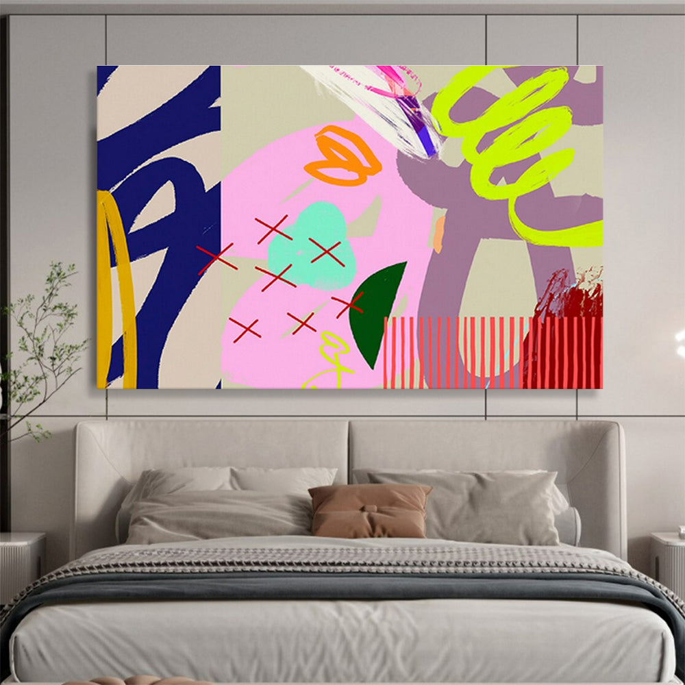 Bold Graphic Abstract in Pink, Neon, and Patterns Painting On Canvas DKH200
