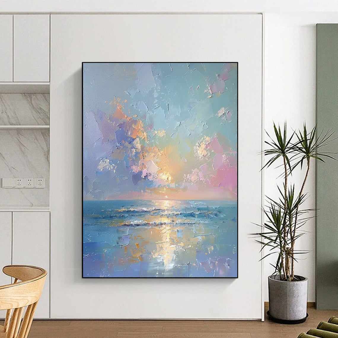 “Pastel Sea Sunset” - Blue, Pink & Orange Seaside Sunset Painting On Canvas CT2202