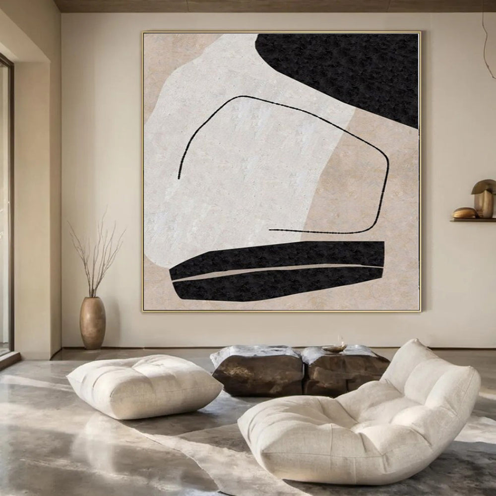 “Black - White - Beige Geometric Fragment” – Geometric Abstract Painting CT1142