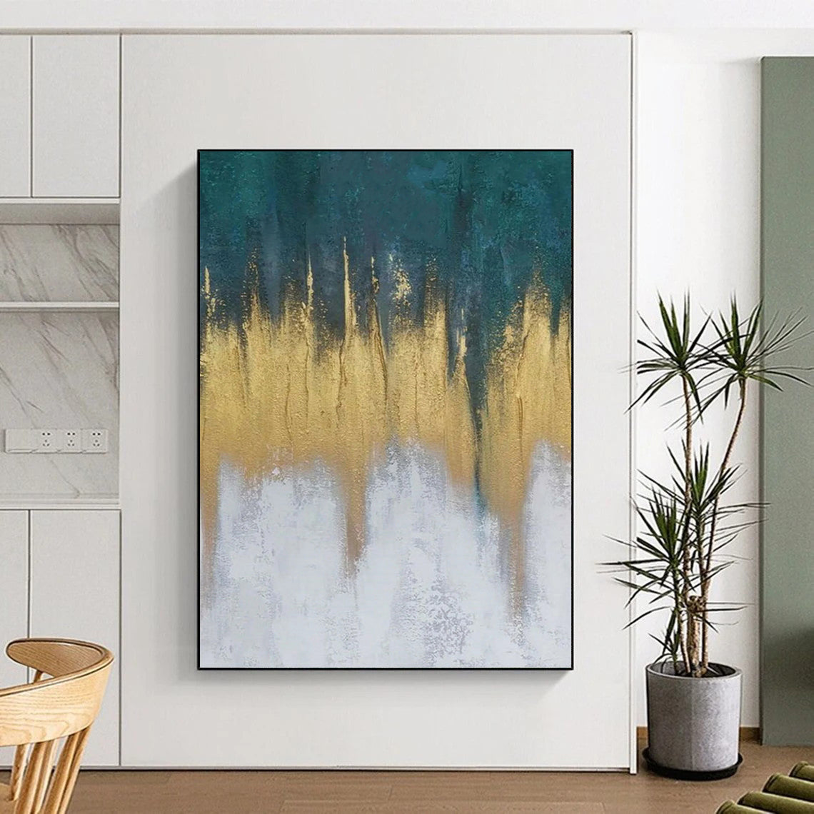 “Teal - Gold - White Abstract Drips” Painting On Canvas DKH1235