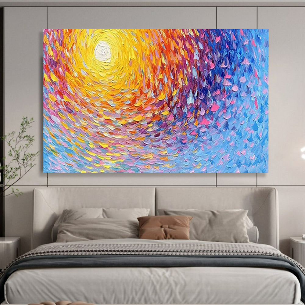 Colorful Spiral Sun - Yellow, Orange & Blue Abstract Painting On Canvas DKH881