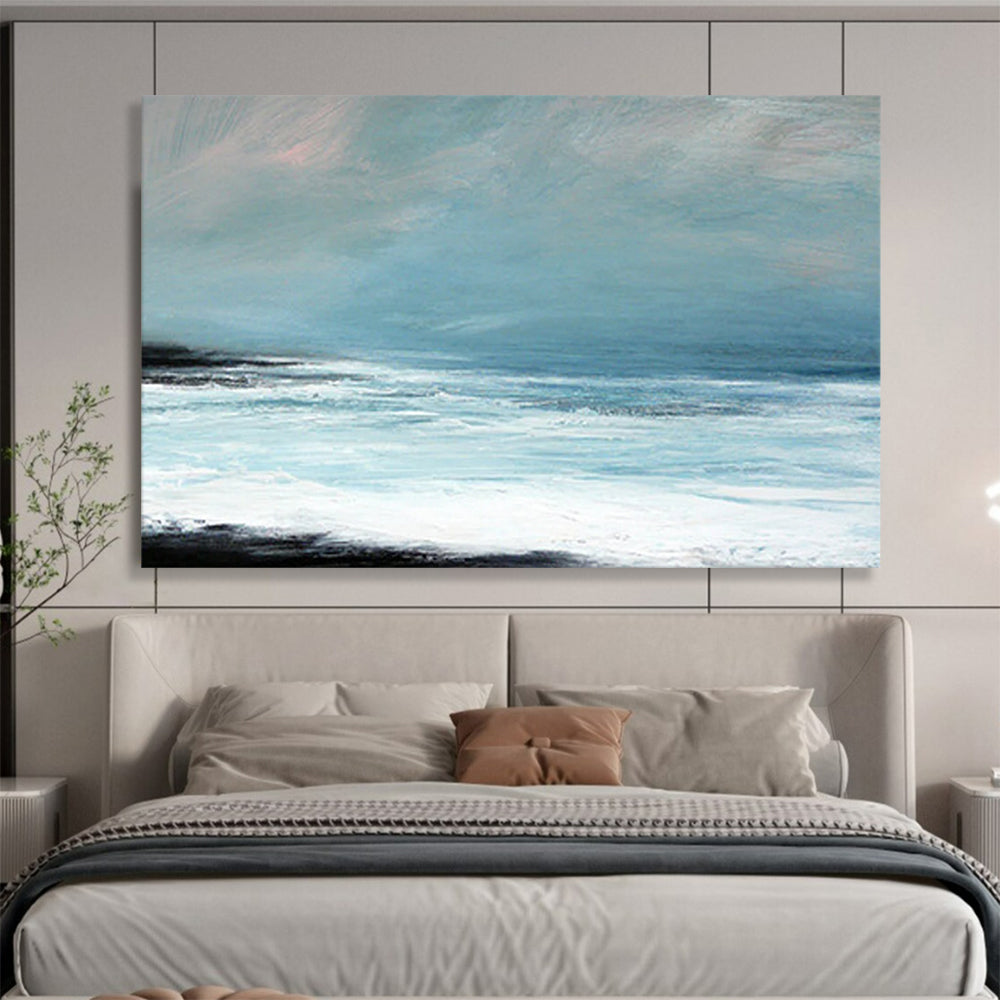“Light Blue, White, Calm Ocean ‘Serene Seaside Hush’” - Minimalist Seascape Painting On Canvas DLZ032