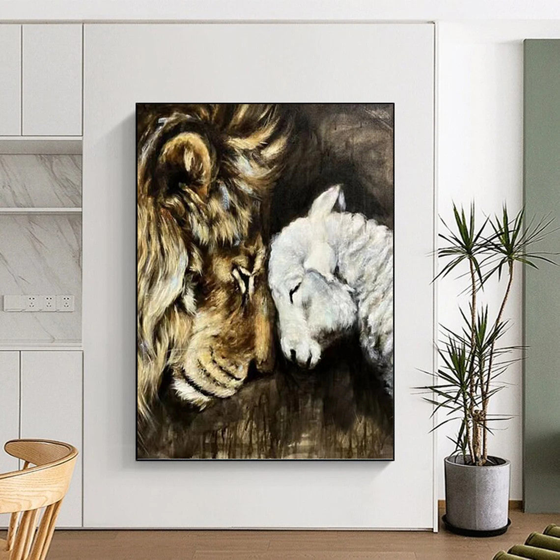 Lion and Lamb in Harmony - Wildlife Painting On Canvas DKH1452