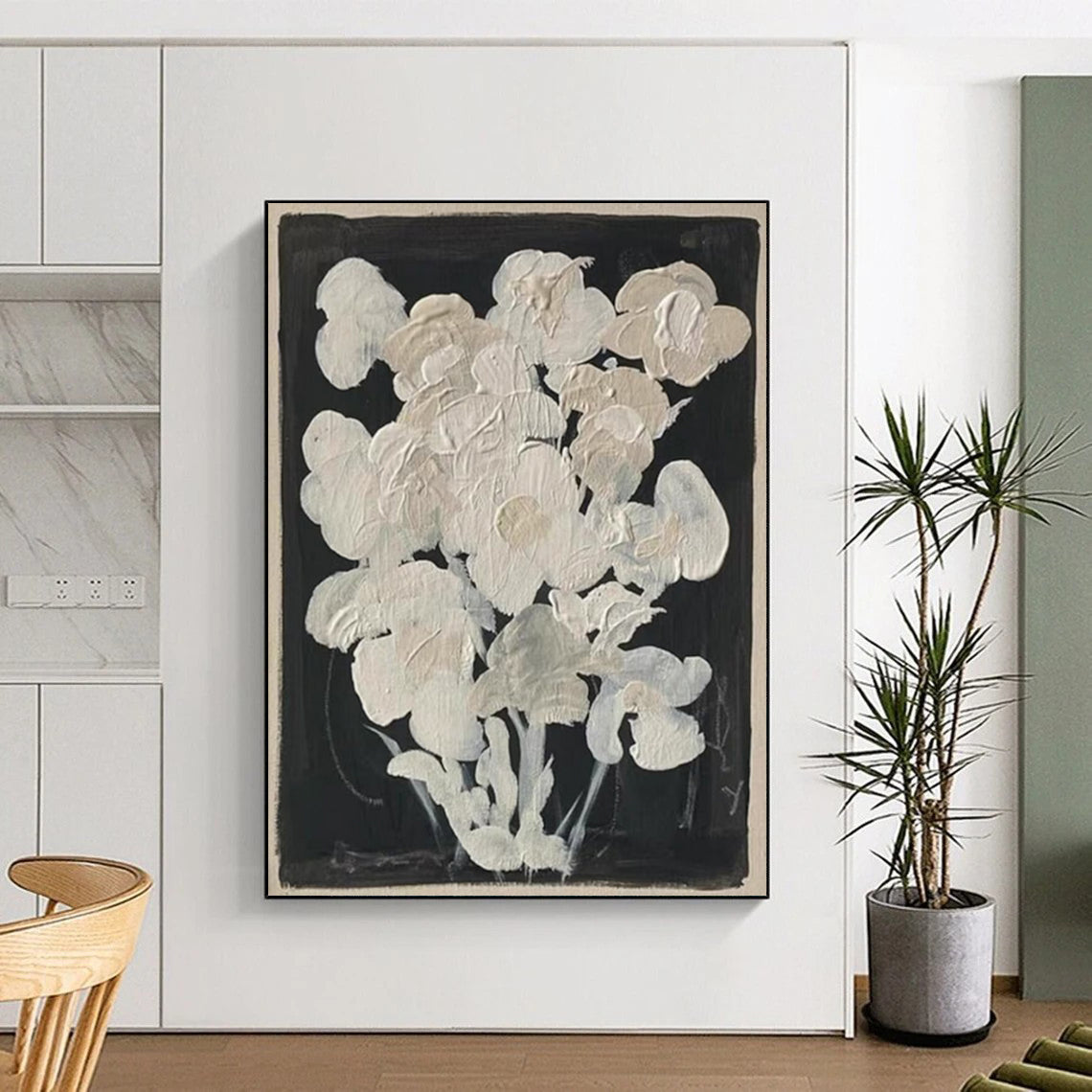 “White Flowers on Black” - Minimalist Floral Painting On Canvas DTP140