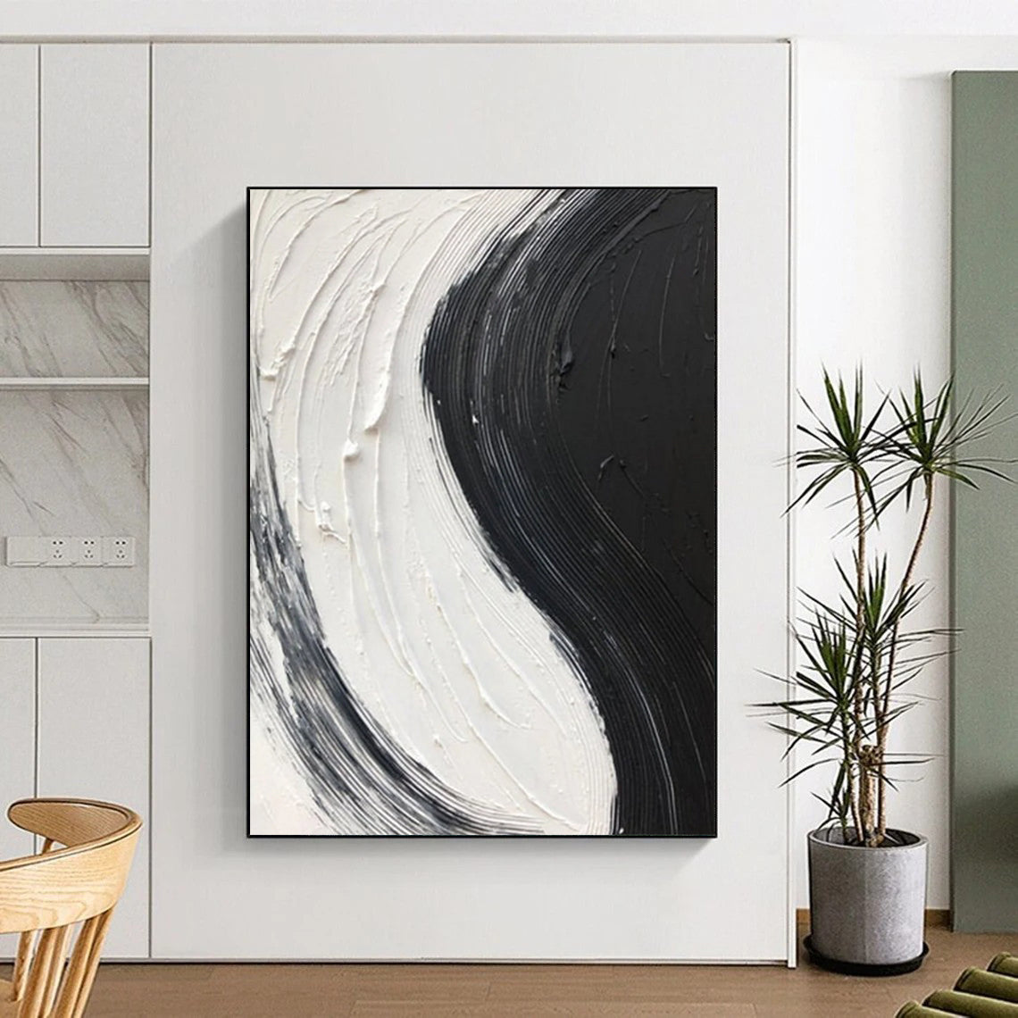 “Black, White Swirl ‘Yin - Yang Flow’” - Impasto Abstract Painting On Canvas DTP376