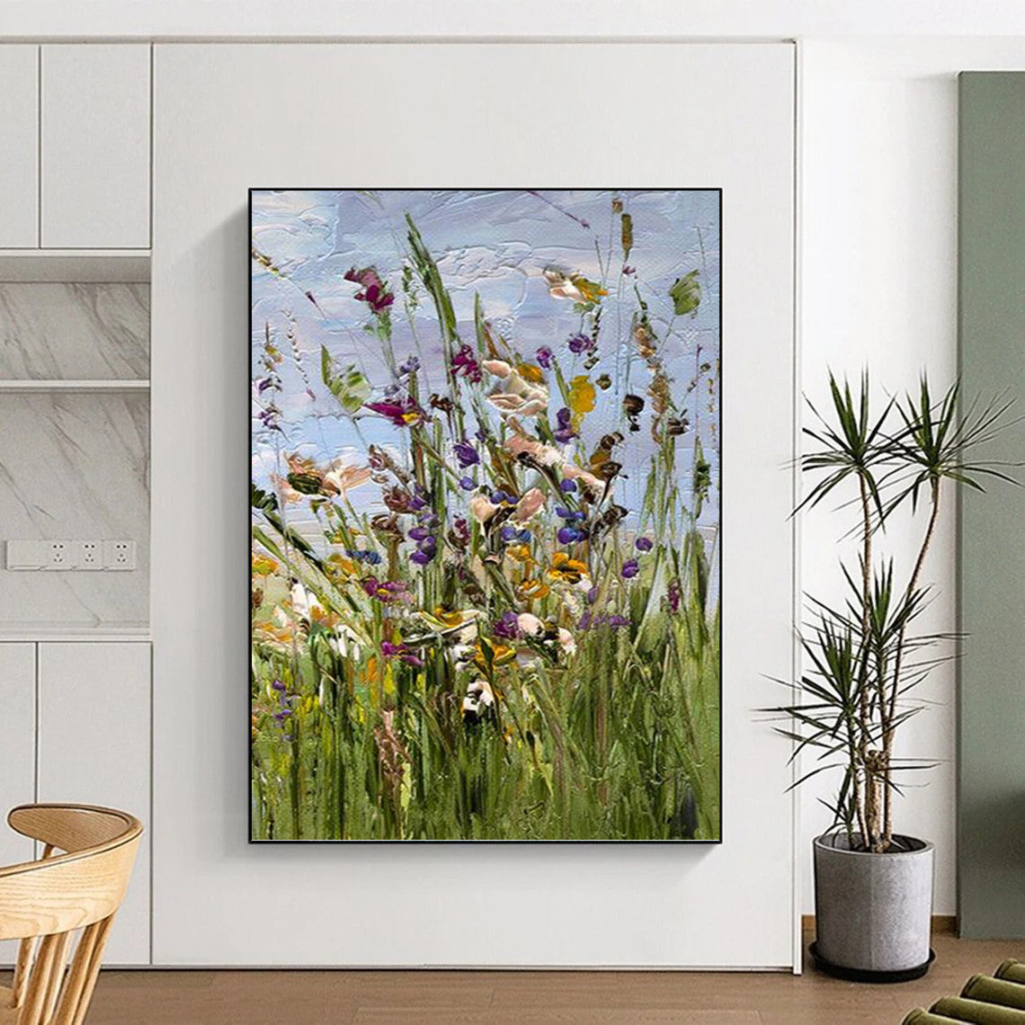 “Colorful Wildflower Impasto” - Purple, Yellow & Green Floral Painting On Canvas DKH0947