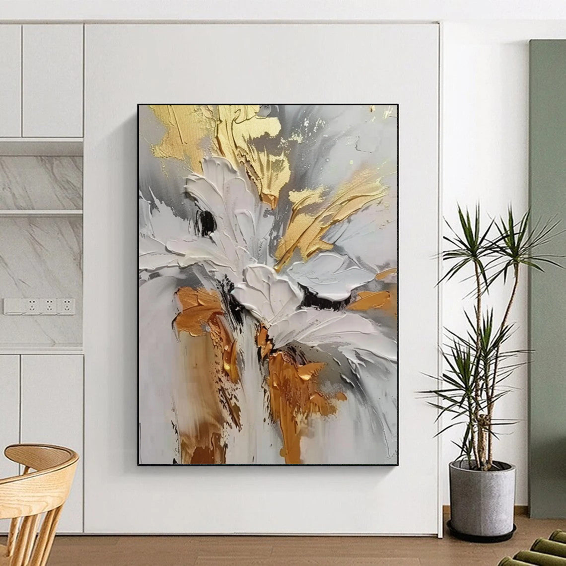 Gold, Gray and White Floral Impasto - Textured Flower Painting On Canvas DKH1386